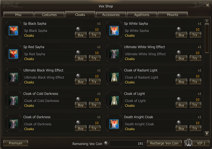 L2Vex Vex Shop cloak selection
