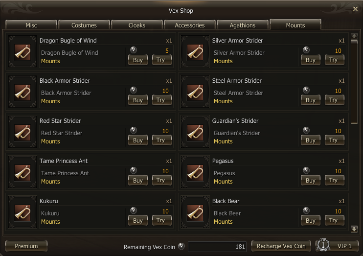 L2Vex Vex Shop mounts selection